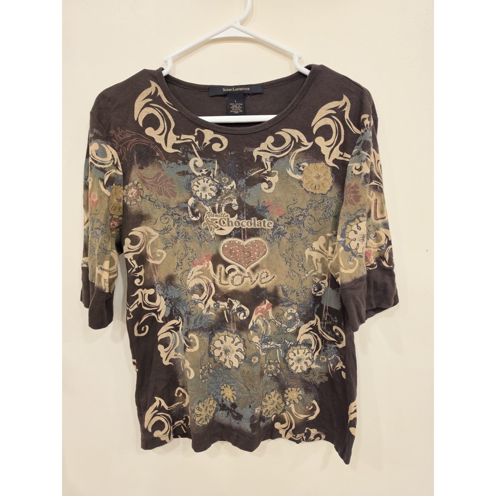 Susan Lawrence Vanilla Chocolate Graphic Tee Womens L 100% Cotton Y2K Boho